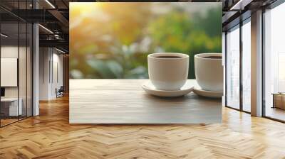 Two white coffee cups on a wooden table, natural light and greenery in background. Wall mural