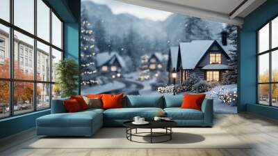 Winter landscape with snowy houses, twinkling lights, and a peaceful mountain backdrop. Wall mural