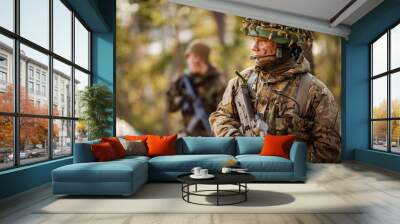 British special forces soldier with weapon take part in military maneuver. war, army, technology and people concept. Wall mural