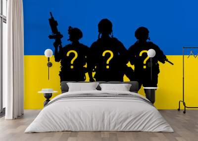 Silhouette of military soldier or officer with weapons against the Ukrainian flag
 background Wall mural