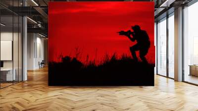 Silhouette of soldier with rifle.. Wall mural