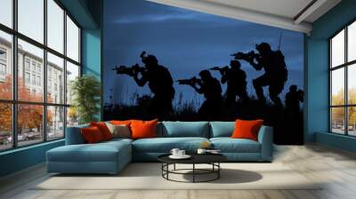 Silhouette of soldier with rifle.. Wall mural