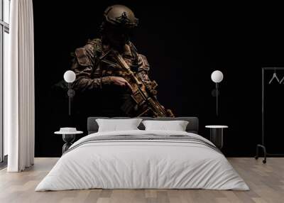 Special forces United States soldier or private military contractor holding rifle. Image on a black background. Wall mural