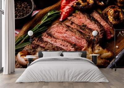 Top view of delicious grilled beef steak and vegetables served Wall mural