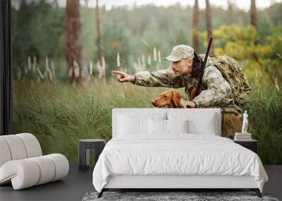 yang Hunter with Rifle and Dog in forest Wall mural