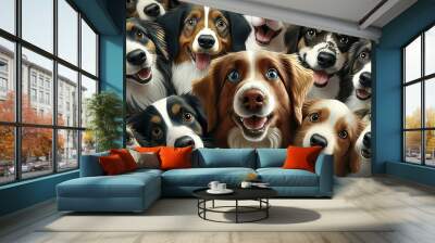 3D cute very many smiley dogs. Full dogs on background. Generative AI Wall mural