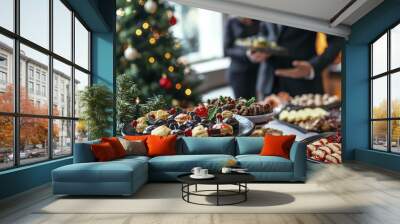 A corporate gathering infused with a cheerful Christmas spirit, showcasing seasonal decor and delightful seasonal snacks. Wall mural