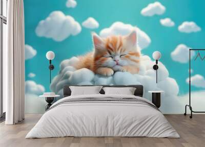 A cute little baby cat sleeps on a cloud. Generative AI Wall mural