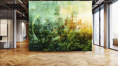 A digital graphic shows how urban sustainability integrates into a digital interface illustrating diverse aspects of green living. Wall mural