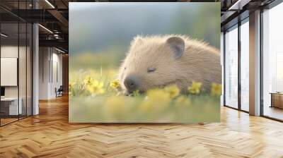 A Diprotodon giant wombat relaxes peacefully in a sunlit meadow surrounded by vibrant flowering plants, basking in the warmth of a beautiful day. Wall mural