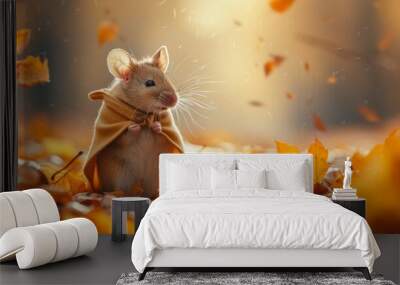 A miniature-caped mouse amid autumn leaves, illustrates the zest for adventure and the quest for continuous knowledge Wall mural