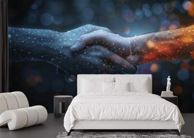 A symbolic digital handshake in the graphic signifies the unity of tech companies through mergers and alliances. Wall mural