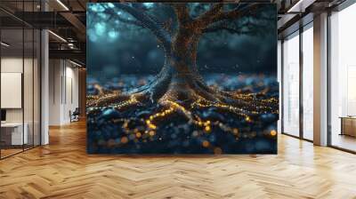 A tree's roots and branches symbolize natural business expansion within interconnected networks on an organic growth backdrop. Wall mural