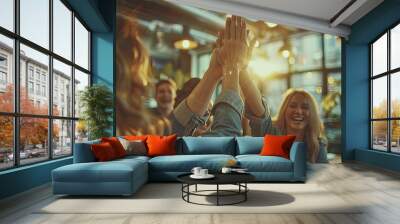 A triumphant high-five marks a moment of team synergy, capturing the energy and camaraderie of colleagues in an office environment, illuminated by natural light. Wall mural