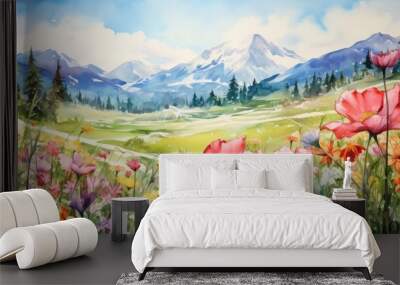 Alpine meadows awaken with the arrival of spring. A carpet of blooming wildflowers painting the landscape with a riot of colors and fragrances. Watercolor Painting. Generative AI Wall mural