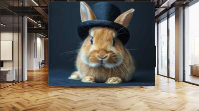 An enchanting rabbit wearing a magician's hat against a dark backdrop, perfect for showcasing magic tricks and party decor. Wall mural