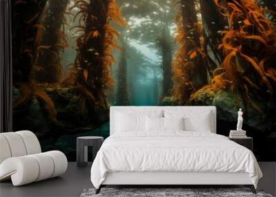 Behold the grandeur of towering kelp forests, swaying like an enchanted underwater forest. Generative AI Wall mural