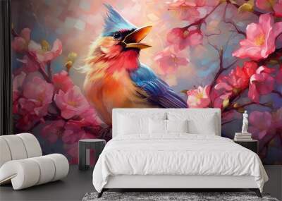 Colorful bird flutters among blooming flowers, spreading joy with its melodious song. Generative AI Wall mural