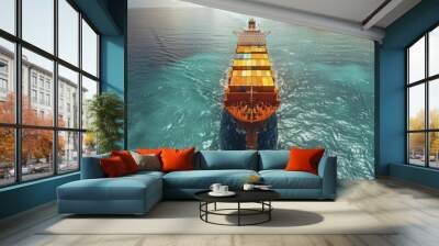 Container ship on ocean surface, seen from above, signifies interconnected global trade routes. Wall mural