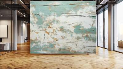 Cracked paint weathered rustic wooden board texture background. Wall mural