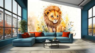 Cute lion standing in the middle of the forest. Watercolor painting of cute lion wild animals. Wall mural