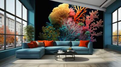 Deep sea coral reef and fish. Abstract glow in the dark background. Generative AI Wall mural