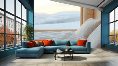 Enjoy a romantic February getaway at a charming eco-lodge with a snowy backdrop and inviting, soft lighting for the perfect cozy atmosphere. Wall mural