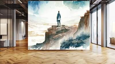 Estrangement concept. A person standing on a cliff looked out at the vast and empty landscape. Feeling estranged from the world. Watercolor painting. Generative AI Wall mural