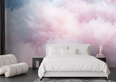 Feathery cloud texture background, soft and billowy cloud formations, pastel pink and blue sky backdrop, ethereal and heavenly. Wall mural