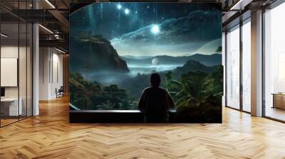 Futuristic hologram screen landscape transports observers to distant galaxies, filling their minds with wonder and awe. Generative AI Wall mural