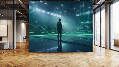 Futuristic sports arena with holographic technology, with a green and blue color scheme and a person wearing a sports uniform. Generative AI Wall mural