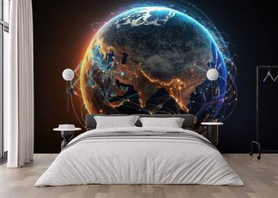 Global international connectivity background 3D illustration. Connection lines around earth globe. Motion of digital data flow. Generative AI Wall mural