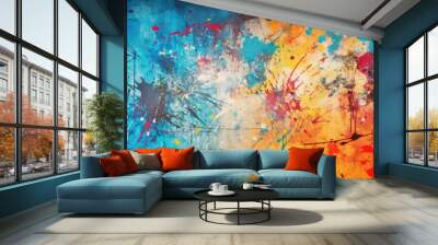 Grungy urban graffiti texture background, marked by chaotic spray paint strokes and a vibrant, street-art energy. Great for edgy, urban-themed designs and rebellious creative expressions Wall mural