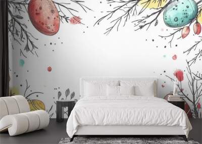 Hand-drawn Easter Monday frame features doodle eggs and spring twigs, creating a festive and whimsical design. Wall mural