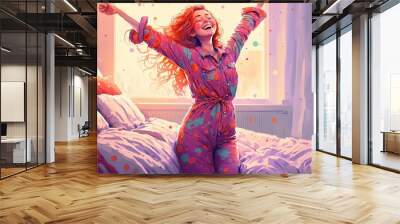 Happy young woman wake up on her bed. Digital art style. Generative AI Wall mural