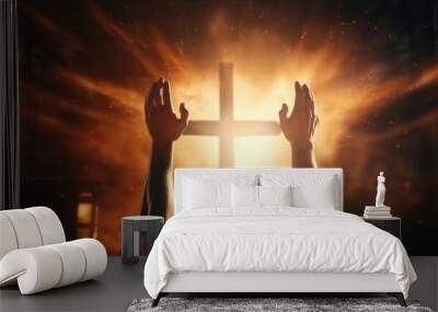 Human hands open palm up worship. Eucharist therapy bless god helping repent catholic easter lent mind pray. Christian religion concept background. Fighting and victory for god. Wall mural