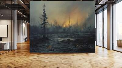 In that desolate expanse, the charred remains of a forest echo the brutal scars of conflict and climate change, a place devoid of solace. Wall mural