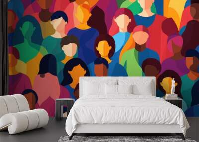 Inclusion and diversity concept expressed by an flat illustration of a colorful crowd of people. Generative AI Wall mural