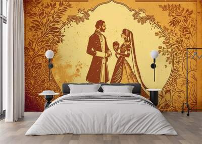 Indian wedding card golden background vintage retro style. Generative AI Wall mural