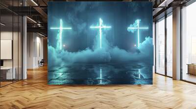 Intense dark blue setting with neon cross lights and rising smoke for impactful reveals Wall mural