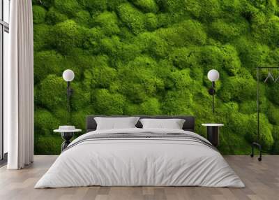 Lush moss texture background, velvety and vibrant green surface, natural forest floor backdrop, refreshing and invigorating Wall mural