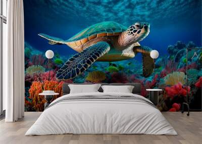 sea turtle swimming over coral reefs. animals under the sea background. Wall mural