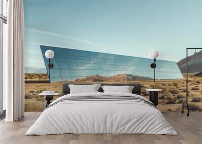 Solar power innovations in a desert landscape, wide view with advanced solar panels and clear skies, emphasizing renewable energy solutions, simple minimal style Wall mural