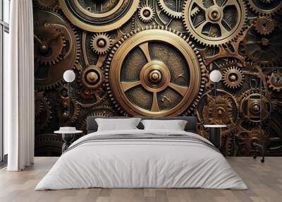 Steampunk clockwork texture background, intricate and mechanical gears and cogs, industrial and retro-futuristic surface Wall mural