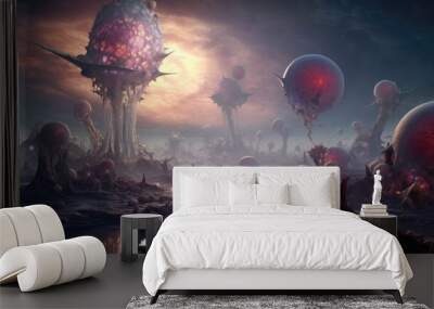 Strange formations on distant planets, resembling playful creatures, spark the imagination and ignite dreams of cosmic companionship. Generative AI Wall mural