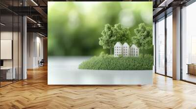 Sustainable Construction Techniques, eco-friendly building practices in action, highlighting sustainable construction methods, set against a green landscape background, 3D illustration Wall mural