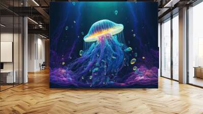 The ethereal beauty of jellyfish in the ocean with coral. Generative AI Wall mural