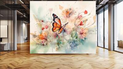 The graceful butterflies in the watercolor painting flies towards a flower. Generative AI Wall mural