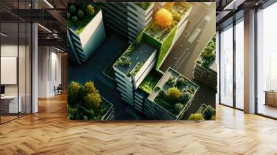 Top view. Environmental residential building district of the city with green terraces of flats at daylight. Generative AI Wall mural