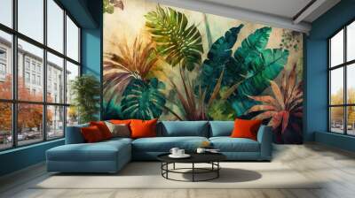 Tropical plants and trees watercolor painting for texture background photo wallpaper. Generative AI Wall mural